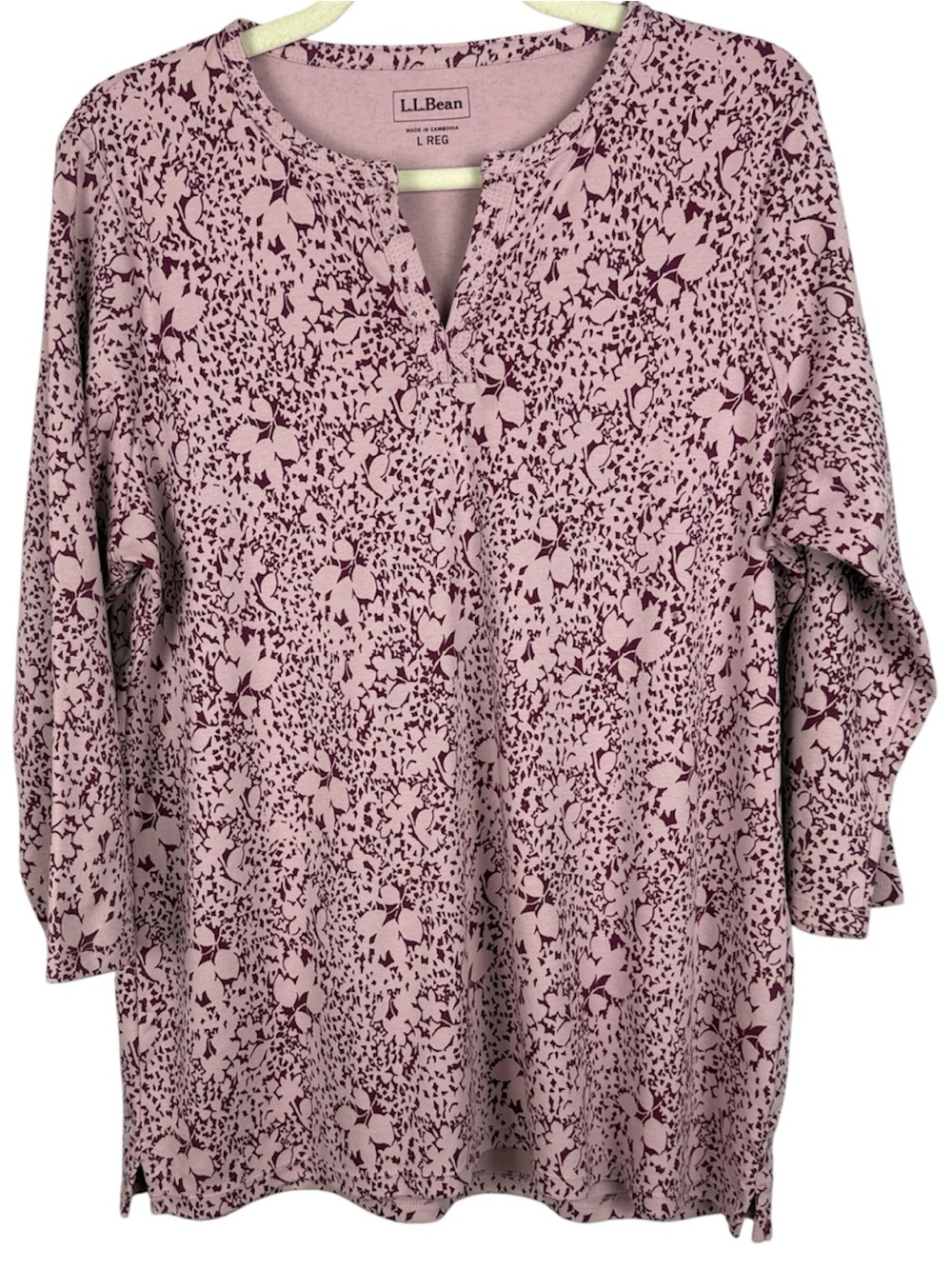 L.L. Bean Cotton Floral Split V-Neck Tunic Top Pink Purple Cotton Size L Regular